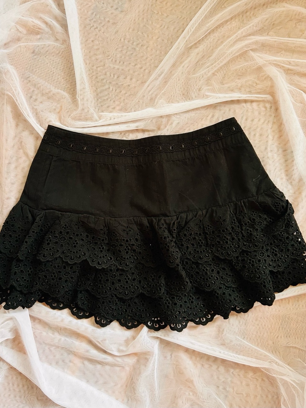 bebe Black Eyelet Ruffle Mini Skirt with Scalloped Layers - Picture 2 of 3